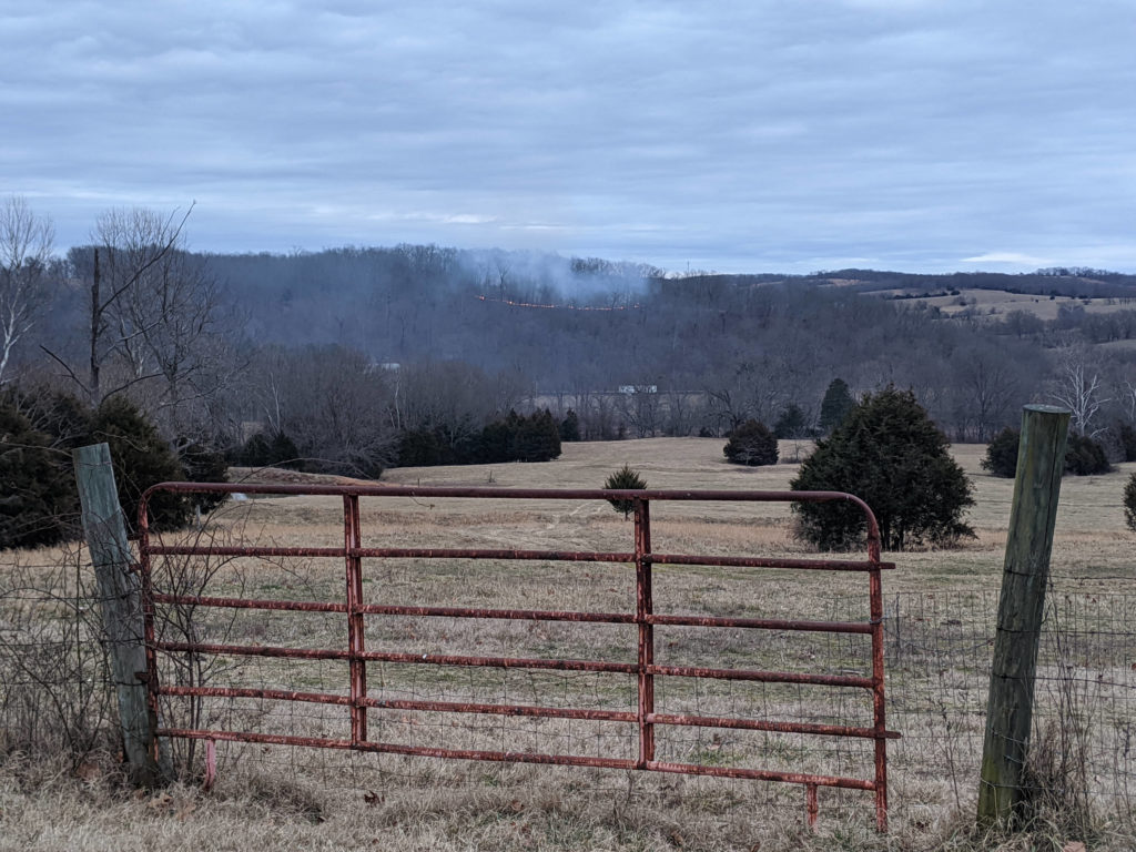 A view of a hill that's in the early stages of a controlled burn.